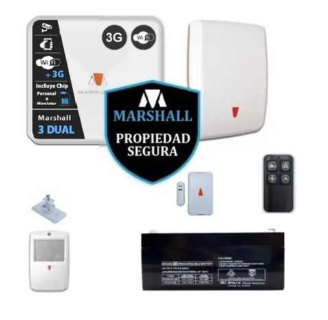 KIT ALARMA MARSHALL 3 DUAL WIFI Y 3G (FUNCIONA EN REDES 4G) | SIRENA EXTERIOR SP-400 | SENSOR MAGNETICO INALAMBRICO | PIR INALAMBRICO CON ROTULA | BATERIA | CONTROL REMOTO | CARTELERIA Y CALCO