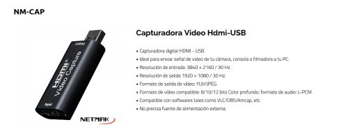 CAPTURADORA VIDEO USB A HDMI DIGITAL FULL HD NM-CAP