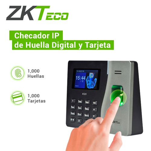 CONTROL ACCESO ZKTECO K20 | TARJETA EMMARINE 125KHZ | CLAVE | HUELLA | LAN TCP/IP | APERTURA PUERTA | RS-485 | 500 TARJETAS | 50.000 EVENTOS