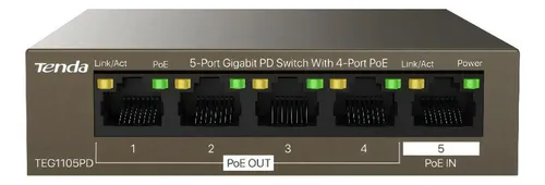 SWITCH TENDA TEG1105PD | 5 PUERTOS 10/100/1000 | 4 POE | 1 POE IN (802.3AF/AT) | 30W
