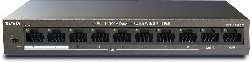 SWITCH TENDA TEF1110P-8-63W | 10 PUERTOS 10/100 | 8 POE 2 UPLINK | 58W | EXTEND MODE 250M | VLAN ONE-KEY |
